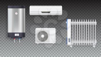 Air conditioning, electric oil radiator, water heater with chrome metal of front side, oil filled heater isolated. Set icons of household appliances on transparent background. 3D illustration