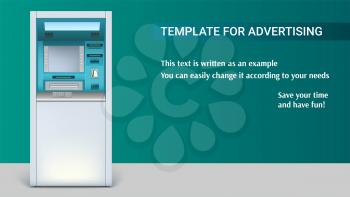 Template with Bank Cash Machine for advertisement on horizontal long backdrop, 3D illustration. ATM - Automated teller machine. Apparatus for withdrawing