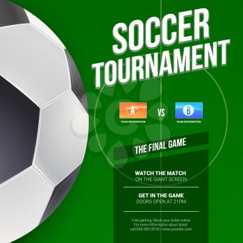Soccer or european football tournament poster. Mock-up of banner for football competition or sport events. 3D illustration, template for print design.