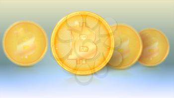 Several coins of virtual currency Bitcoin with glare and reflections. Icon, golden money of bitcoin with blur and soft focus. Symbol of technology, crypto currency. Template for poster.