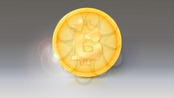 Coin of virtual currency Bitcoin with sun glare and reflections on the obverse. Icon, golden money of bitcoin on gradient background. Symbol of technology. Digital currency, crypto currency.