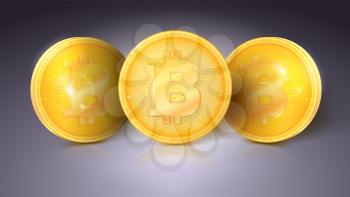 Coins of currency Bitcoin with glare and reflections. Golden money of bitcoin. Virtual money of the future, icon of digital crypto currency