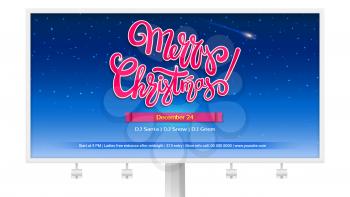 Merry Christmas party background with lettering. Twinkling stars in the night winter sky. Poster for holidays event, ready to print. 3D illustration, template for banner, flyer, leaflet or invitation.