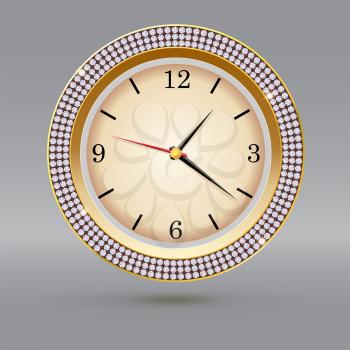 Golden watch with diamonds on gray background. Icon of luxury clock, jewelry decoration with white dial and arrows.