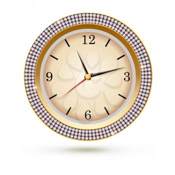 Watch with diamonds on white background. Icon of luxury clock, jewelry decoration with white dial and arrows.