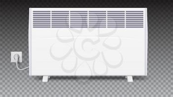 Domestic electric heater with plug and electric cord. Icon of home convector, 3D illustration. Electric panel of radiator appliance for space heating isolated on transparent background.