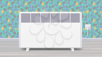 Electric panel of radiator appliance for space heating in the interior of room. Domestic electric heater with plug and electric cord. Icon of home convector, 3D illustration