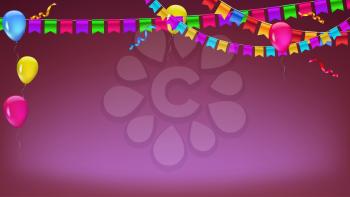 Banner with garland of colour flags, inflatable ballons and serpentine. Vector 3D illustration. Background for poster, banner, cover, greetings card.