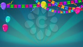 Banner with sunbeams in broadway style. Garland of colour flags, inflatable ballons and serpentine. Vector 3D illustration. Background for poster, banner, cover, greetings card.