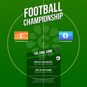 European football, soccer ad. Template for game tournament. Top view of Green soccer field with flags of participating teams. Poster for sports events. 3D illustration, ready for print design