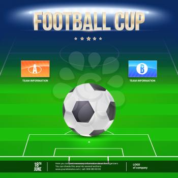 Football event flyer template. Place your text and emblem of participants. Night football stadium in the spotlight with big ball. 3D illustration, template for poster, print design for events.