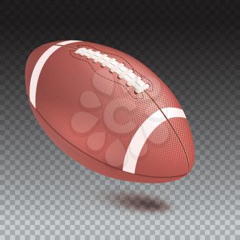 American striped football ball, diagonal position in frame. Realistic vector 3D illustration. Icon of the flying Rugby ball with shadow isolated on transparent background.