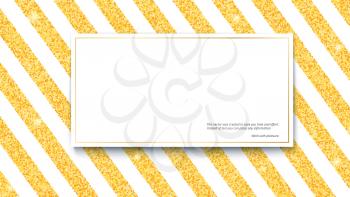Gold glitter sparkles on striped white background with banner for text. Template for print design, vip cards, exclusive certificate, luxury gift, presentation, sales, voucher for shopping action