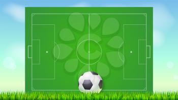Soccer field with grass and ball on blue backdrop of sky. Background for posters, banner with european football field with markup, top view. 3D illustration, ready for print and design.