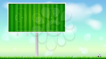 European football, soccer field on horizontal billboard. Field with markings on summer sky backdrop. Soccer ball lying in the grass. Resizable vector illustration for your, ready for print design.