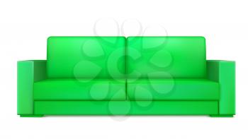 Green modern sofa for living room, reception or lounge. Icon of single object, realistic design, vector isolated on white background, 3D illustration