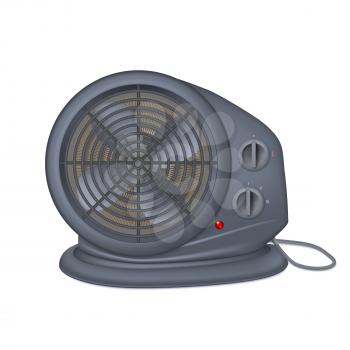 Black electric heater with fan, radiator appliance for space heating. Icon of domestic heater with electric cord. Isolated on white background, 3D illustration