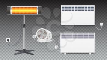 Set icons of heaters, household appliances on transparent background. Realistic convector, fan heater, UFO quartz heater with power cord and socket, isolated 3D illustration with shadows.
