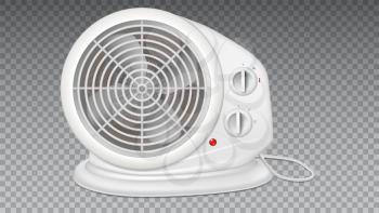 White electric heater with fan, radiator appliance for space heating. Icon of domestic heater with electric cord. 3D illustration, isolated on transparent background