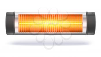 The quartz halogen heater with the glowing lamp, domestic electric heater. Appliance for space heating in the interior. 3D illustration, isolated on white background