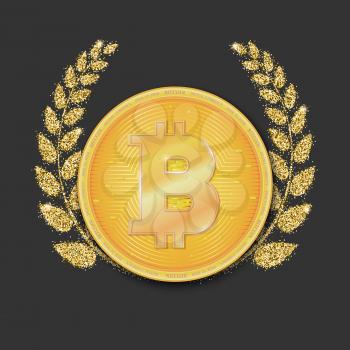 Coin of virtual currency Bitcoin. Icon, golden money symbol of bitcoin on the dark background with Laurel wreath of Golden sand, dust. Symbol of technology. Digital currency, cryptocurrency.