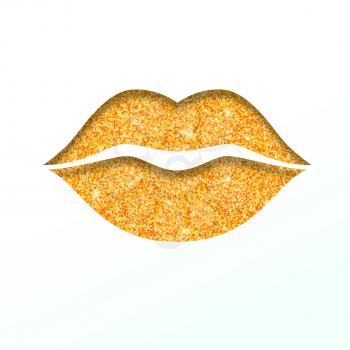 Lips icon with glitter effect, isolated on white background. Yellow outline icon of mouth, vector pictogram. Symbol of kiss from golden particles dust.