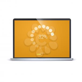 Load bar for mobile apps, web preloader. Radial load, update or download diagram icon of progress bar. Minimal flat design on yellow screen of laptop. Isolated on white background.