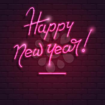 Happy New Year, neon purple text on brick wall background. 3D illustration, template for poster, print design for events