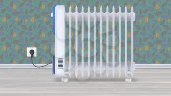 Oil radiator in room with wallpaper. White, electric oil filled heater on light wooden floor. Domestic electric heater with plug and electric cord. Horizontal 3D illustration.