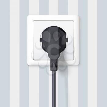 Black plug inserted in a wall socket on backdrop of wall with wallpaper with stripes. The plug is plugged into the power lines with electric cord. Icon of device for connecting electrical appliances