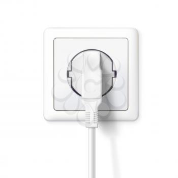 The plug is plugged into the power lines. White plug inserted in a wall socket. Icon of device for connecting electrical appliances, equipment. 3D illustration isolated on white background.