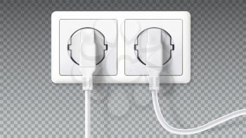 Electric plugs in socket. Realistic white plugs inserted in electrical outlet, isolated on transparent. Icon of device for connecting electrical appliances, equipment. Vector 3D illustration.