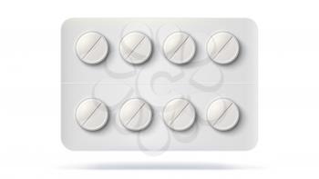 Blister pack with pills for treatment of illness. Realistic template of packaging for medical drugs for tablets, vitamin, antibiotics. Vector 3D illustrations of pack isolated on white background.