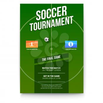 Soccer, football poster with text design. Template for game tournament. Soccer ball above green field with flags of participating teams. Sport events design for print design. 3D illustration.