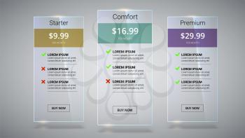 Three banners with tariffs plan. Comparison of pricing table set for business, bullet list with commercial plan. Template for prices of business product on gray background.