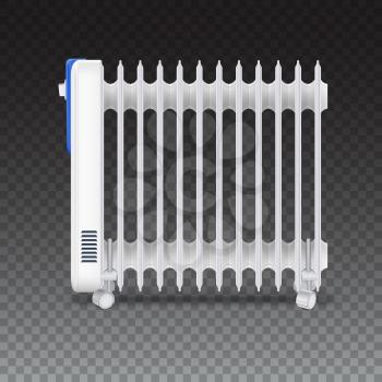 Oil radiator isolated on transparent background. White, electric oil filled heater on wheels. Vector, resizable icon of convector
