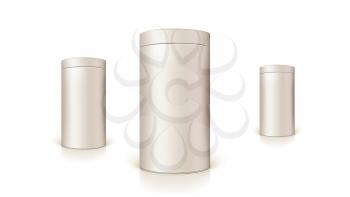 Set of round tins of packaging for bulk products and canned products. Container cylindrical shaped, Icon, template of round tin cans. Vector 3D illustration isolated on white background.