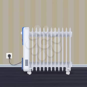 Oil radiator in room with wallpaper on backdrop. White, electric oil filled heater on wheels. Domestic electric heater with plug and electric cord. 3D illustration