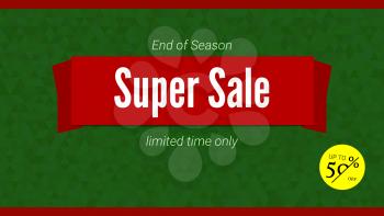 Super Sale banner template with fifty percent discount. Horizontal poster for advertising events of holiday sales on backdrop from triangles.
