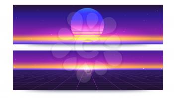 Futuristic abstract banners with the sun rays on the horizon. Sci fi retro gradient, vintage style of the 80s. 3D illustration for design of layout. Digital cyber world, virtual surface with light