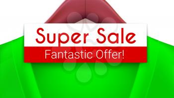 Super sale ad banner. Green jacket with tag hanging on hangers. Creativity fantastic offer for your design of posters, print design, creative arts. Horizontal 3D illustration