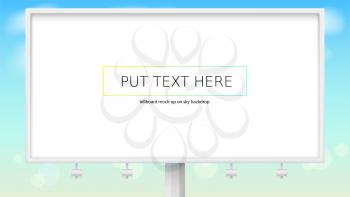 Realistic white billboard on backdrop of blue Summer sky. Advertising poster with place for your text on background on Spring sky with clouds