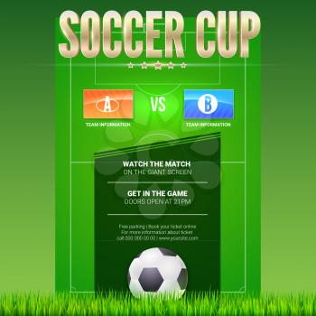 Soccer event poster design with green football game field. Text design and and place for emblem of participants. 3D illustration, template for poster, print design for events.