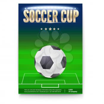 Soccer cup poster template with place for information and emblem of participants. Night football stadium in spotlight with big ball. 3D illustration, template for print design for soccer events.