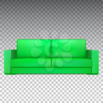 Green modern luxury sofa for living room, reception or lounge. Realistic icon of single object, vector isolated on transparent background, 3D illustration