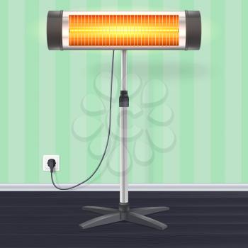 The quartz halogen heater with the glowing lamp on wallpaper background. Domestic electric heater on chrome metal stand, in the interior of room. Appliance for space heating, 3D illustration
