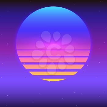 Sci fi futuristic abstract background with graphic sun. Violet retro gradient with stars, vintage style of the 80s. Virtual, digital cyber world. Vector illustration for your design of layout, poster