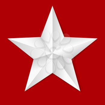 Volumetric five-pointed star. Icon of classic white star isolated on red background, 3D illustration close-up.