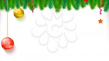 Christmas blank banner with garland of fir branches, red berries, star and balls. Festive atmosphere. Template for New Year or Christmas greetings card, print design. Vector 3D illustration