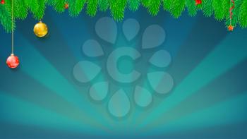 Christmas and New Year banner with green fir branches, Christmas balls and toys on backdrop with sun rays. Festive atmosphere for greetings card, print design. Horizontal 3D illustration